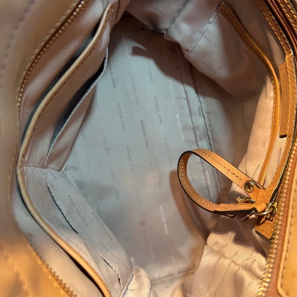 Michael Kors Hamilton Satchel Brown Logo Canvas Leather Trim Gold Hardware
